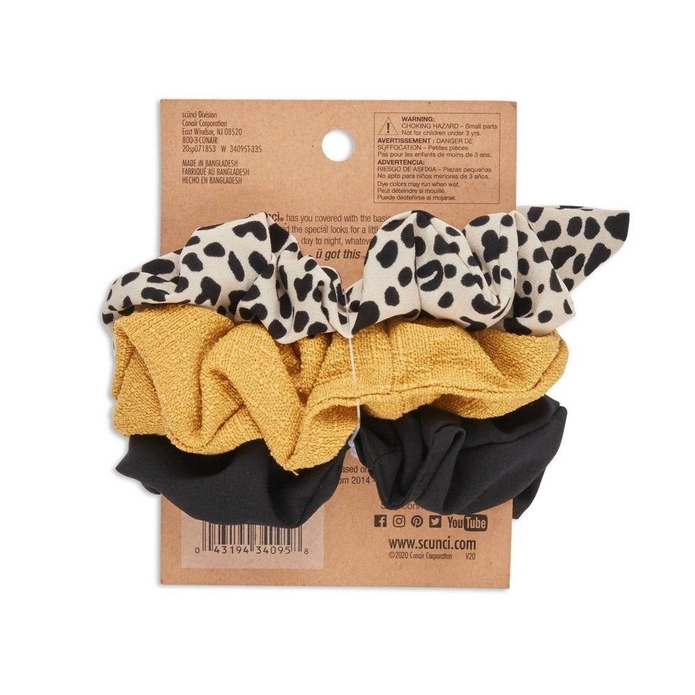 slide 3 of 4, scünci Scrunchies - Dot Print/Black/Yellow, 3 ct