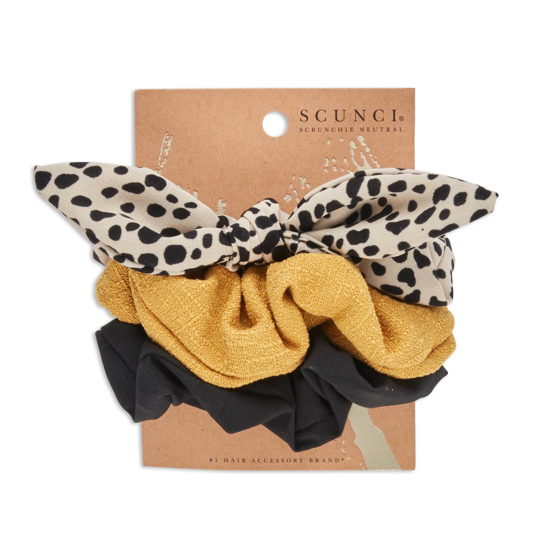 slide 1 of 4, scünci Scrunchies - Dot Print/Black/Yellow, 3 ct