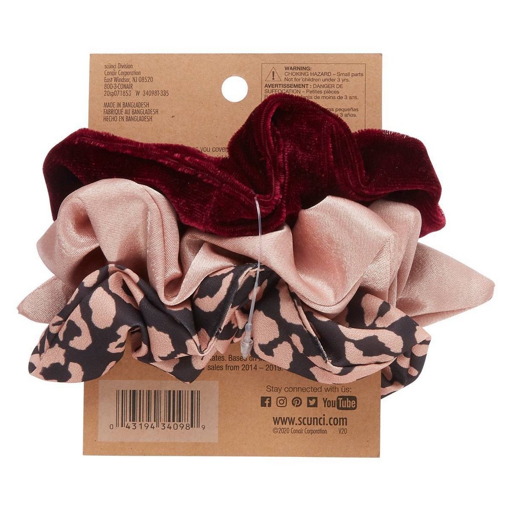 slide 3 of 3, scünci Scrunchies - Leopard print/Solid Wine/Solid Nude, 3 ct