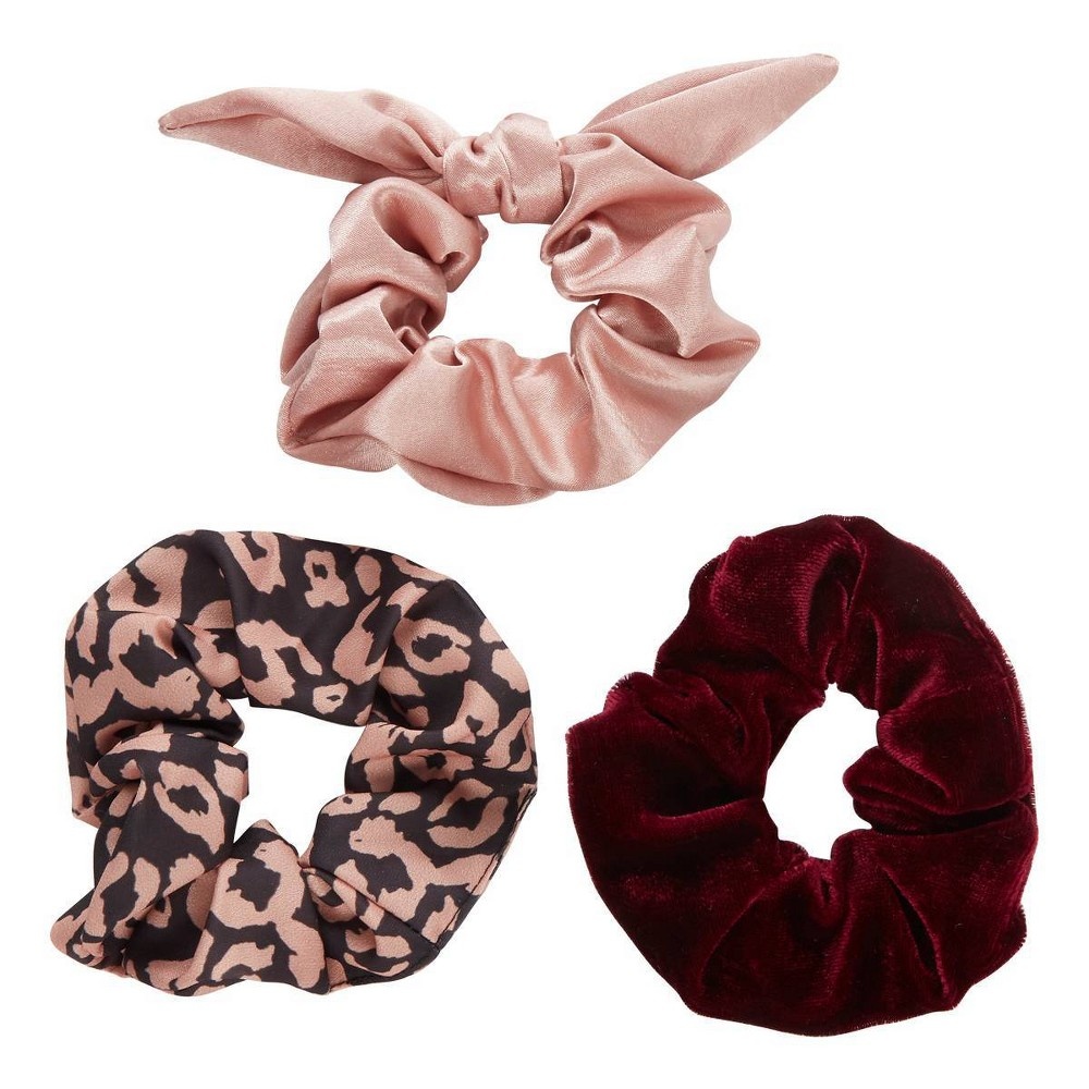 slide 2 of 3, scünci Scrunchies - Leopard print/Solid Wine/Solid Nude, 3 ct