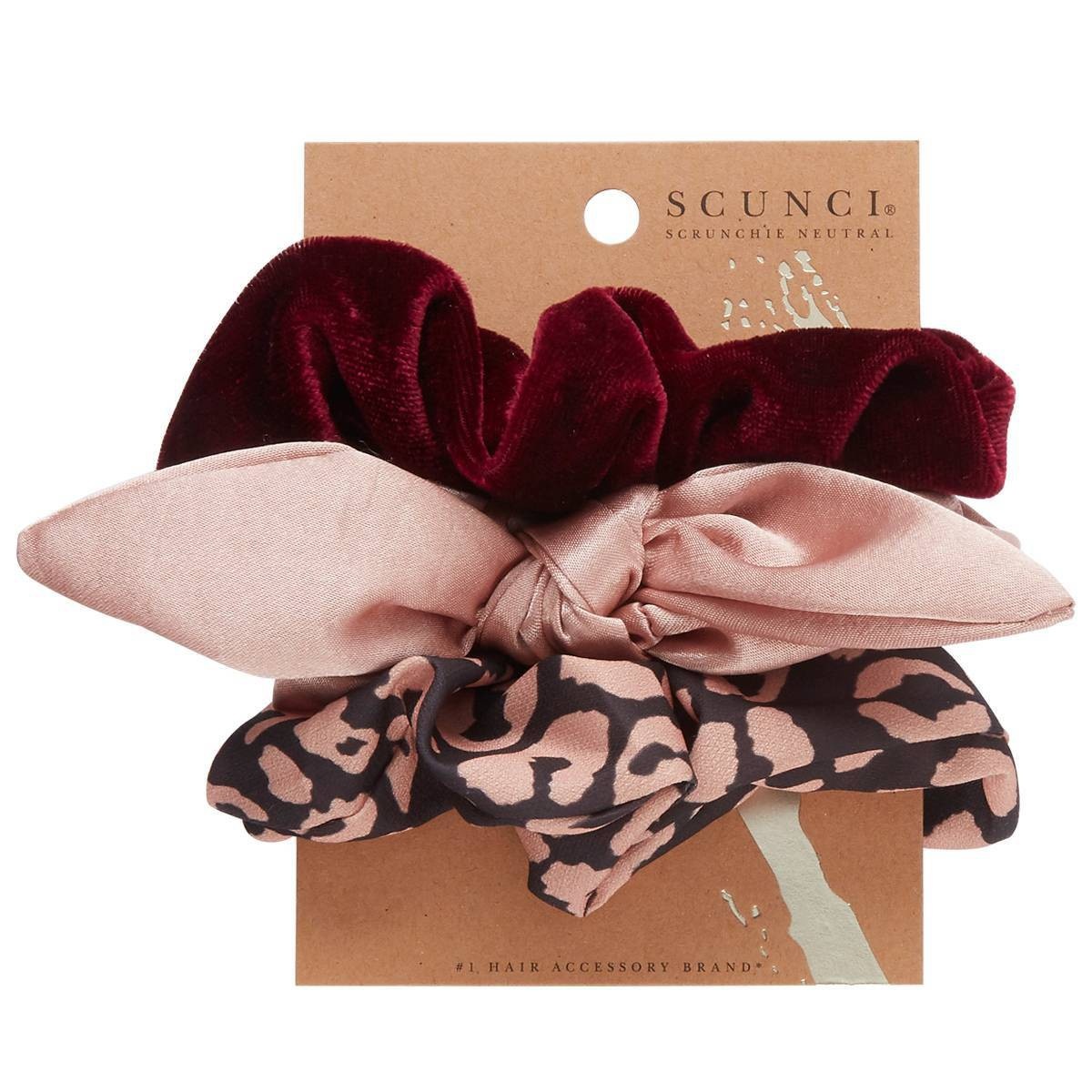 slide 1 of 3, scünci Scrunchies - Leopard print/Solid Wine/Solid Nude, 3 ct