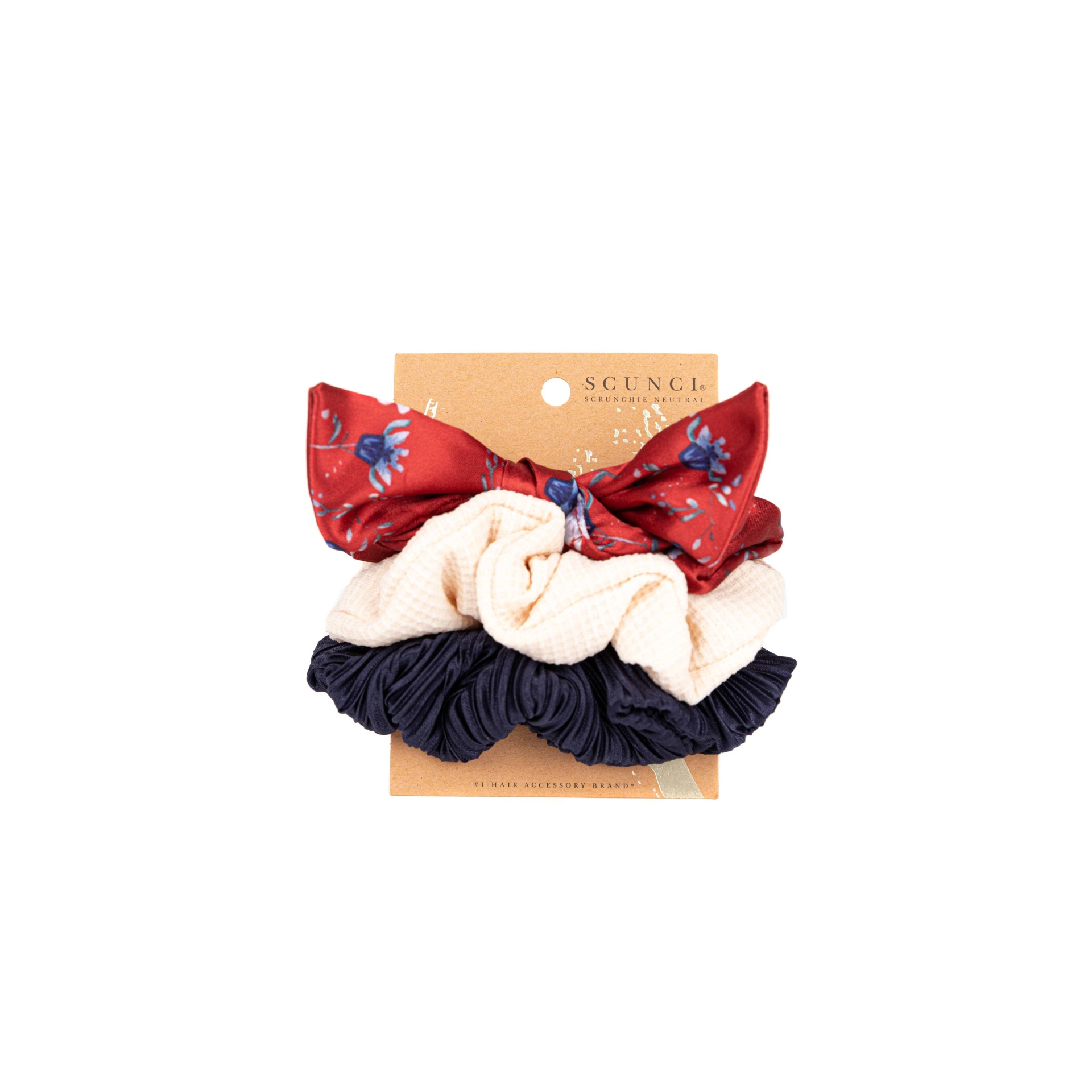 slide 1 of 3, scünci Scrunchie - Red Floral Print/Solid Cream/Solid Navy, 3 ct