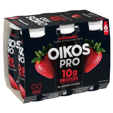 slide 1 of 29, Oikos Pro Shots Strawberry Dairy Drink, 10g of Protein, 0g Added Sugar, Convenient High Protein Snack, 6ct, 3.1 FL OZ Bottle, 3.10 fl oz