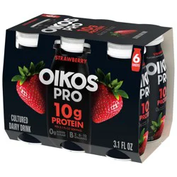 Oikos Pro Shots 10g Protein, Strawberry Cultured Dairy Drinks, 0g Added Sugar, Convenient High Protein Snacks for School, Office, Gym, 3.1 fl oz Bottles, 6 Count​