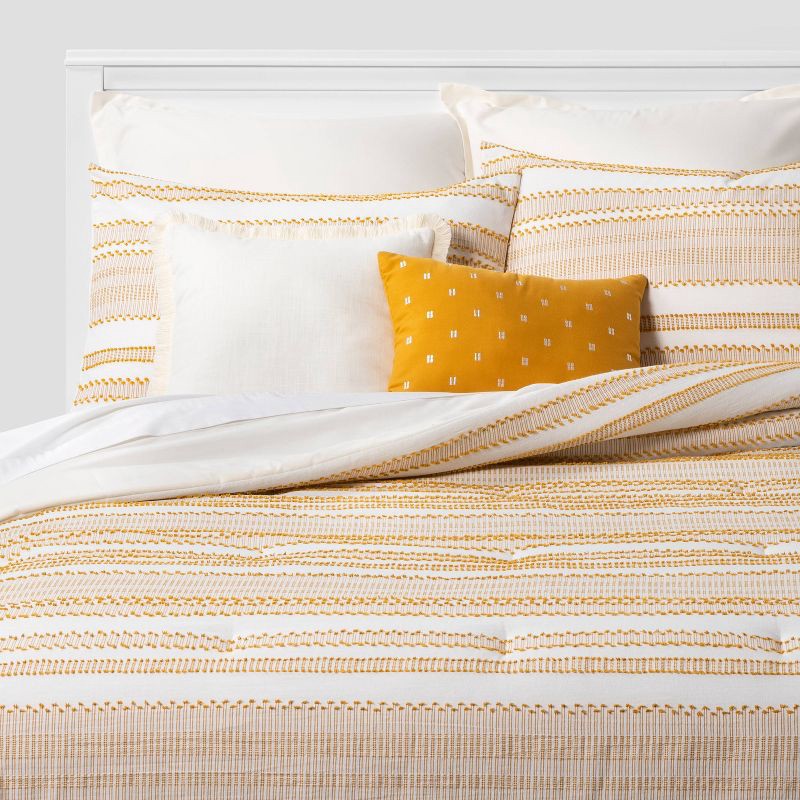 slide 1 of 6, 8pc Queen Clipped Jacquard Stripe Comforter Set Yellow/Off-White - Threshold™: Reversible, OEKO-TEX Certified, 8 ct