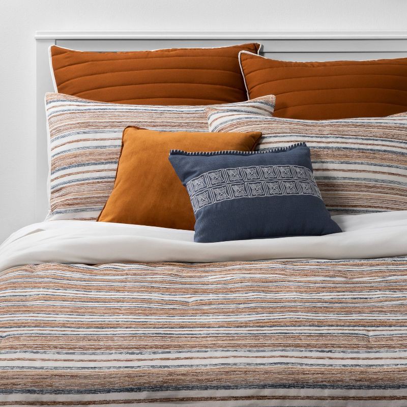 slide 1 of 5, 8pc Queen Woven Stripe Comforter Set Dark Blue/Orange/Off White - Threshold™: Polyester Jacquard, Reversible Design, 8 ct