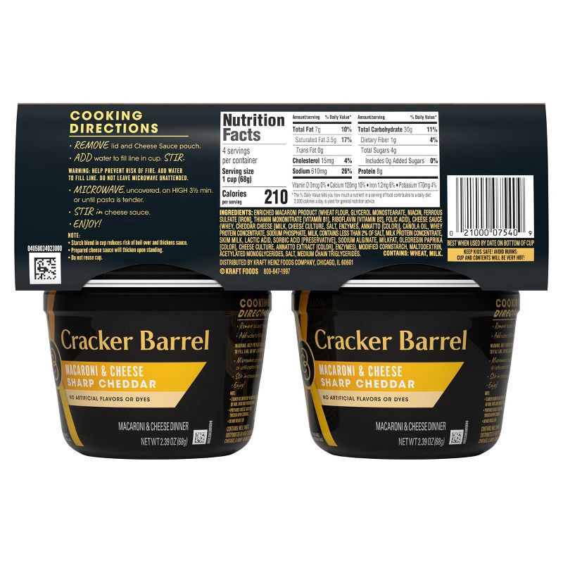 slide 10 of 10, Cracker Barrel Sharp Cheddar Mac and Cheese Cups Dinner - 9.56oz/4ct, 9.56 oz, 4 ct
