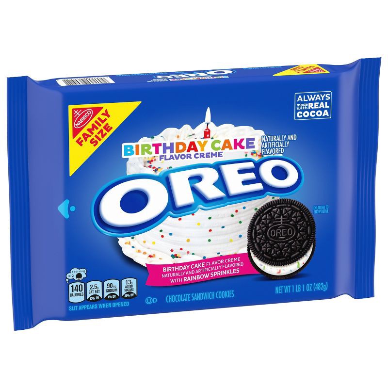 slide 5 of 13, Oreo Birthday Cake Creme Chocolate Sandwich Cookies Family Size - 17oz, 17 oz