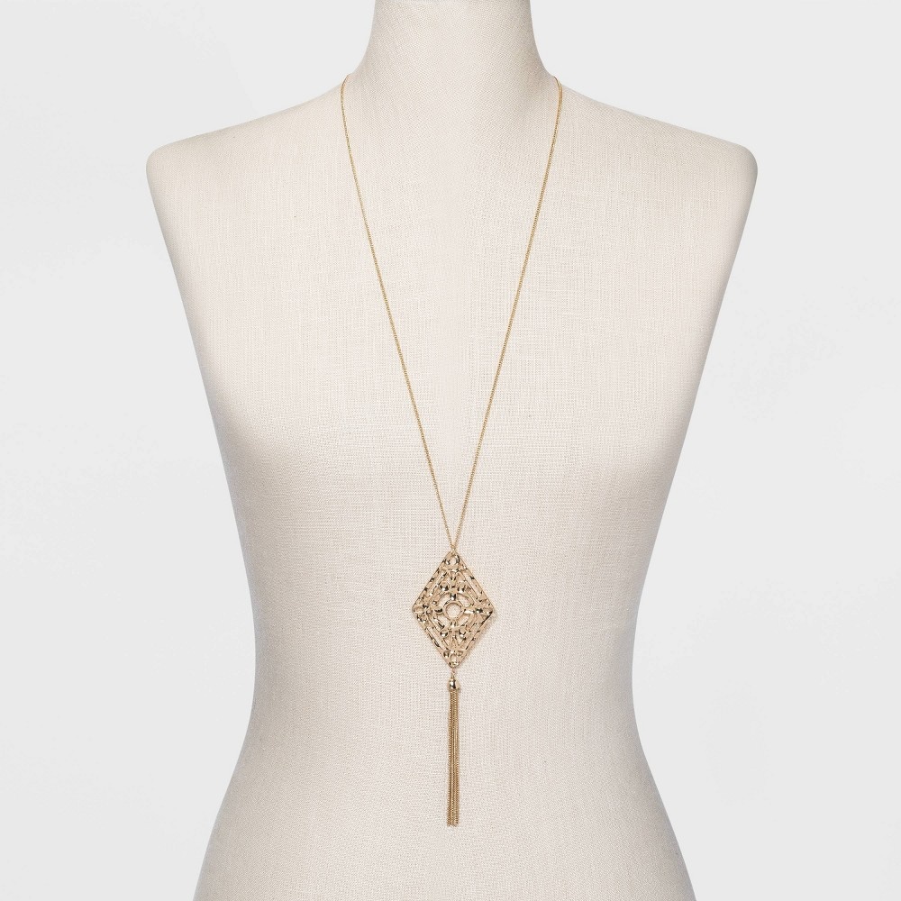 slide 2 of 3, Filigree and Tassel Long Statement Necklace - A New Day Gold, 1 ct