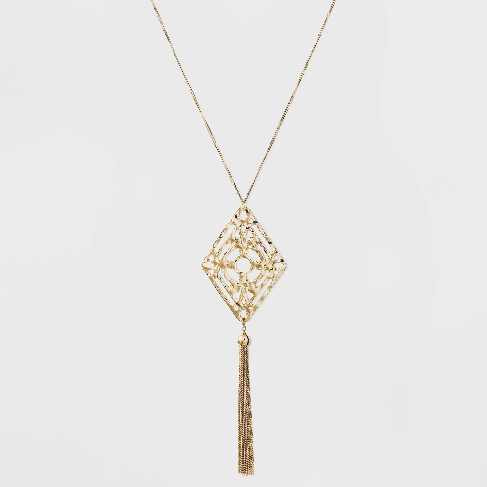 slide 1 of 3, Filigree and Tassel Long Statement Necklace - A New Day Gold, 1 ct