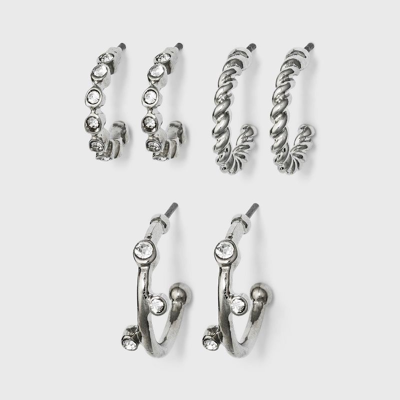 slide 1 of 2, Metal Small Hoop Earring Set 3pc - A New Day™ Silver: Nickel-Free, Post Closure, Lightweight Design, 0.5" Length, 3 ct