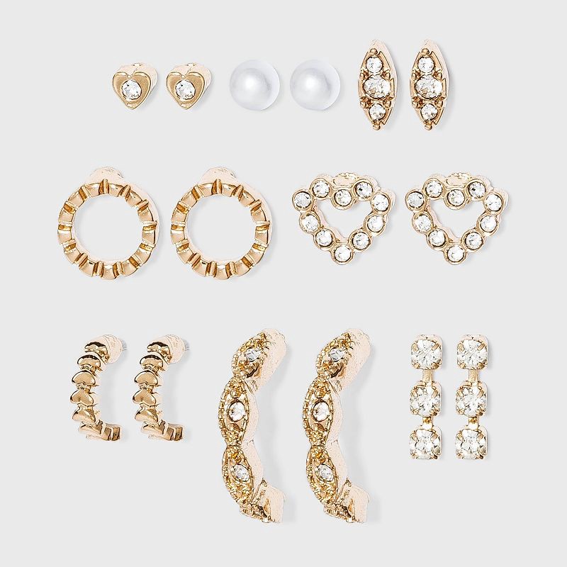 slide 1 of 2, Crystal Glass Pearl Stud and Small Hoop Earring Set 8pc - A New Day™ Gold: Nickel-Free Metal, Post Closure, 8 ct
