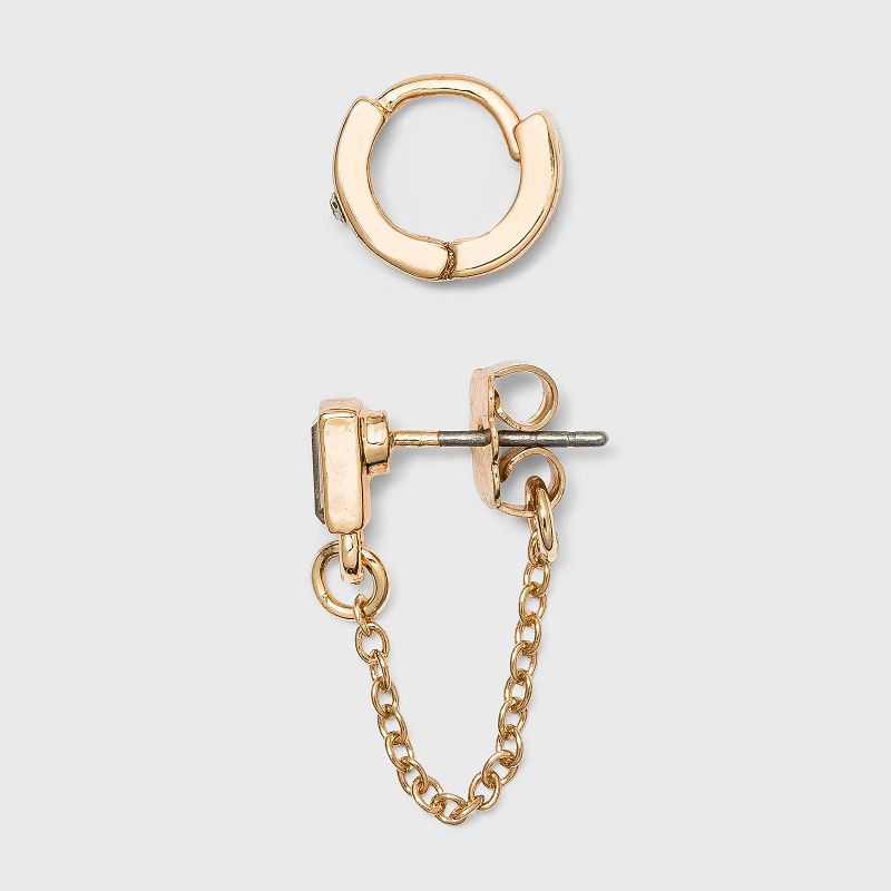 slide 2 of 2, Crystal Baguette Stud and Small Hoop Earring Set 8pc - A New Day™ Gold, 8 ct