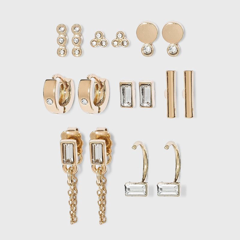 slide 1 of 2, Crystal Baguette Stud and Small Hoop Earring Set 8pc - A New Day™ Gold, 8 ct