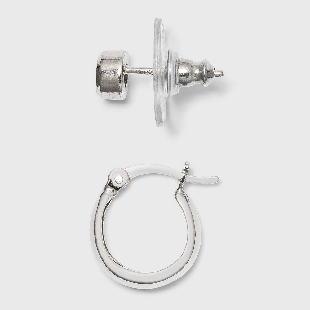slide 2 of 2, Sterling Silver Cubic Zirconia and Click Top Hoop Stud Earring Set - A New Day Silver, 2 ct