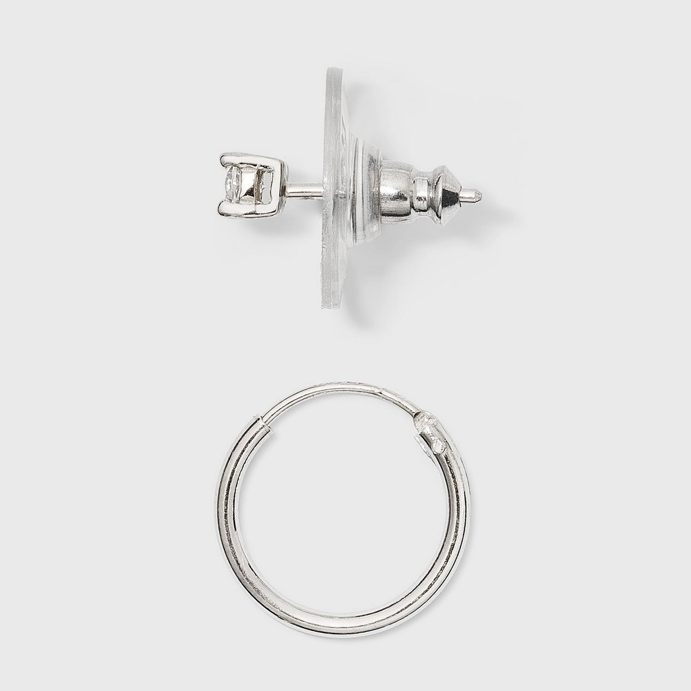 slide 2 of 2, Sterling Silver Double Pearl and Cubic Zirconia Hoop Stud Earring Set - A New Day Silver, 5 ct