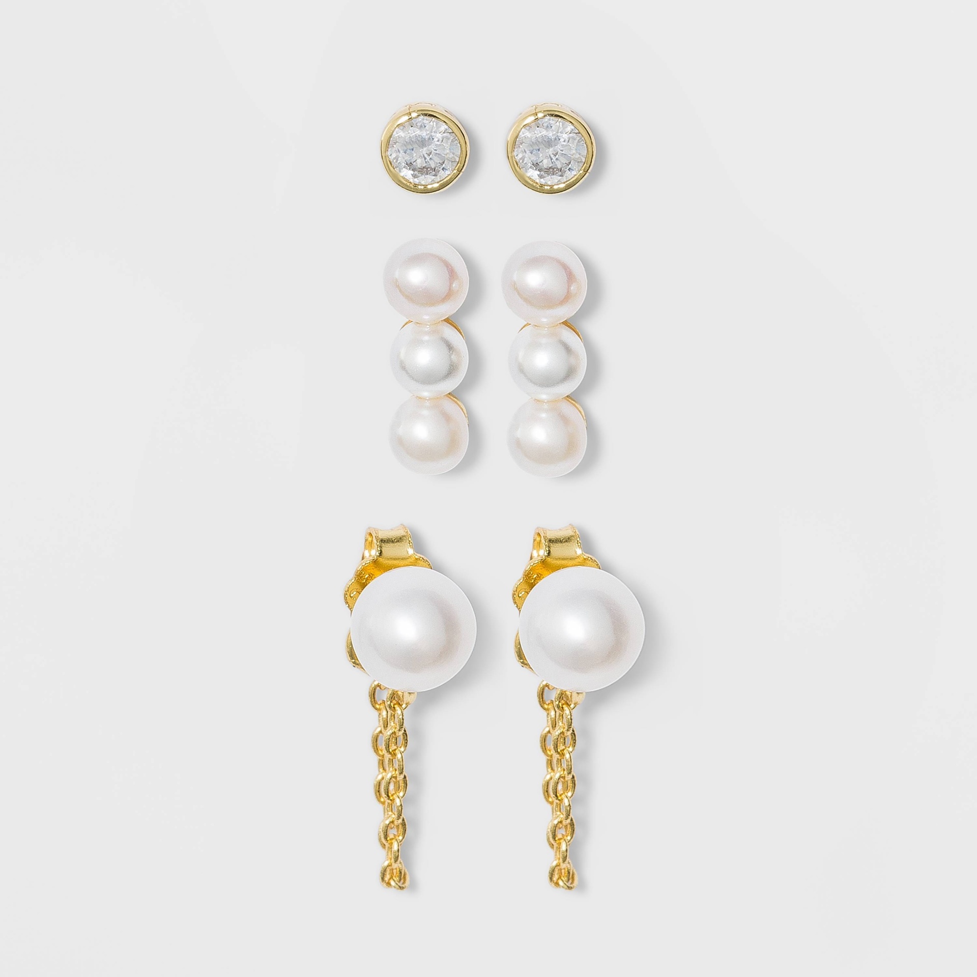 slide 1 of 2, Sterling Silver with Clear Cubic Zirconia, Glass and Pearl Post Stud Earring Set 3pc - A New Day Gold, 3 ct