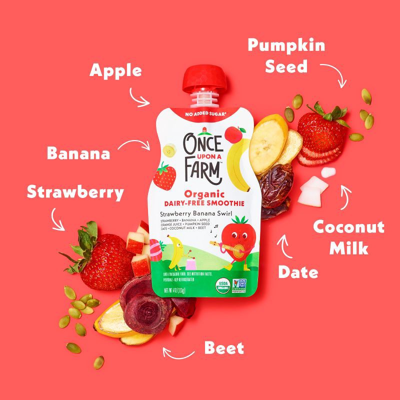 slide 3 of 11, Once Upon a Farm Strawberry Banana Swirl Organic Dairy-Free Kids' Smoothie - 4ct/4oz Pouches, 4 ct; 4 oz