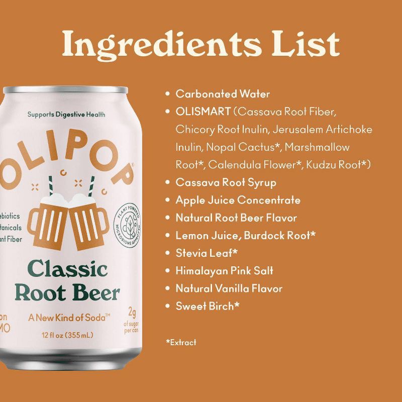 slide 5 of 7, OLIPOP Classic Root Beer Prebiotic Soda - 12 fl oz Can, 12 fl oz