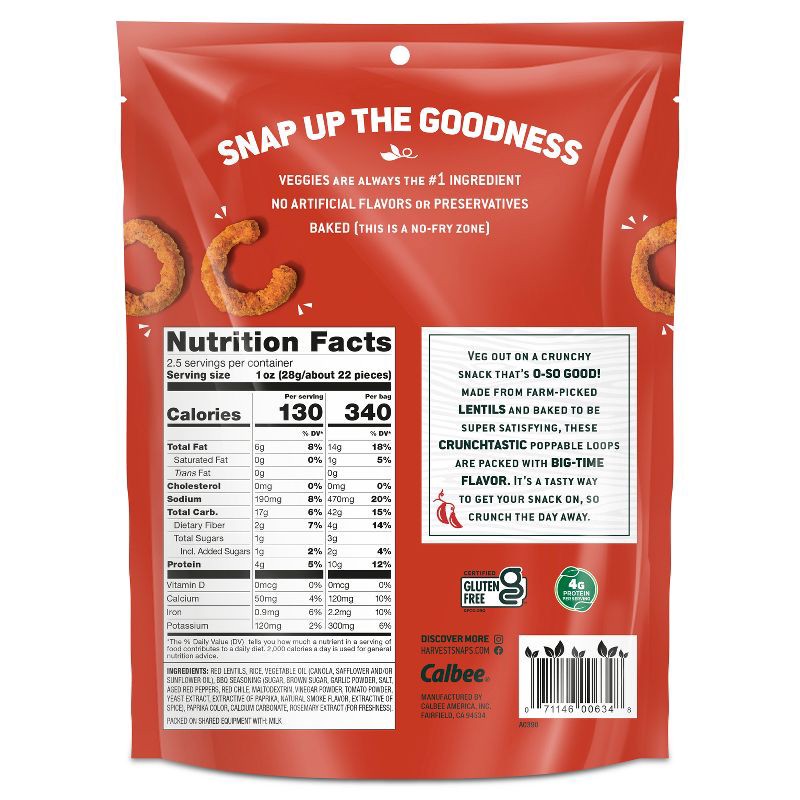 slide 2 of 6, Harvest Snaps Crunchy Loops Kick'n BBQ Baked Red Lentil Snacks - 2.5oz, 2.5 oz