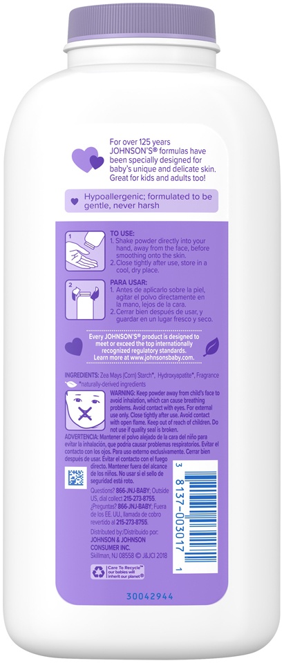 slide 6 of 6, Johnson's Lavender Baby Powder with Naturally Derived Cornstarch for Delicate Skin, Hypoallergenic and Free of Parabens, Phthalates, and Dyes Baby Skin Care, 15 oz