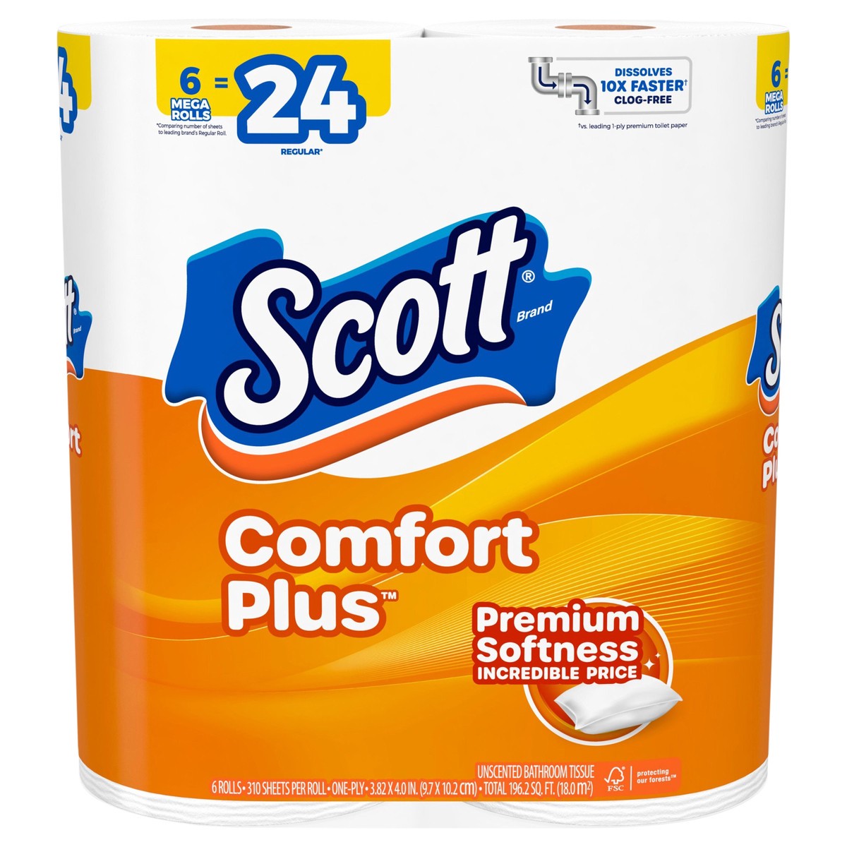 slide 1 of 11, Scott ComfortPlus Toilet Paper, 6 Mega Rolls, 310 Sheets per Roll, Septic-Safe, 1-Ply Toilet Tissue, 6 ct