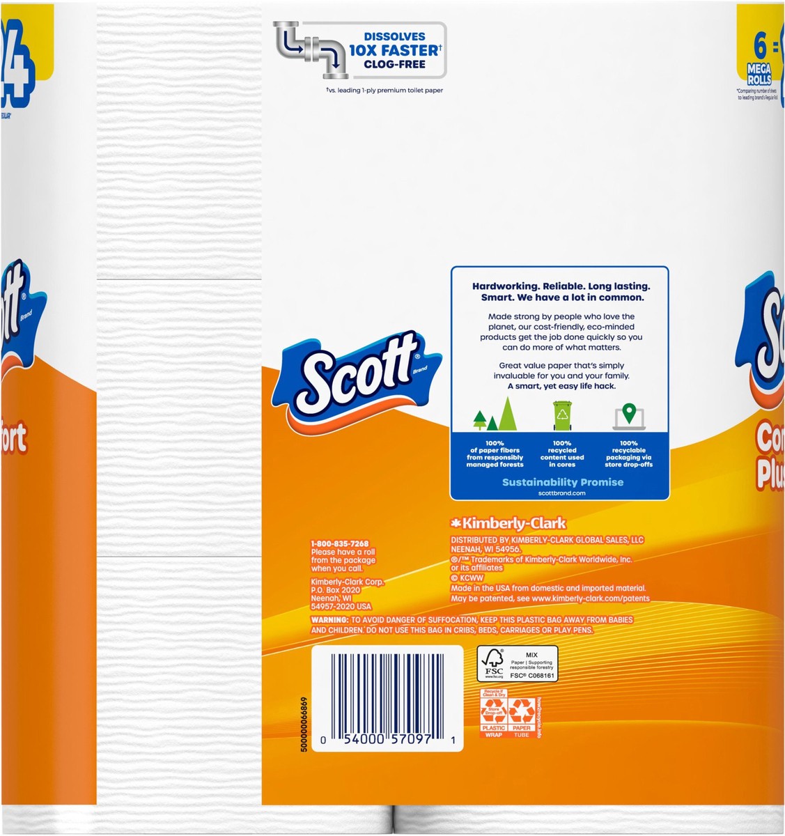 slide 7 of 11, Scott ComfortPlus Toilet Paper, 6 Mega Rolls, 310 Sheets per Roll, Septic-Safe, 1-Ply Toilet Tissue, 6 ct