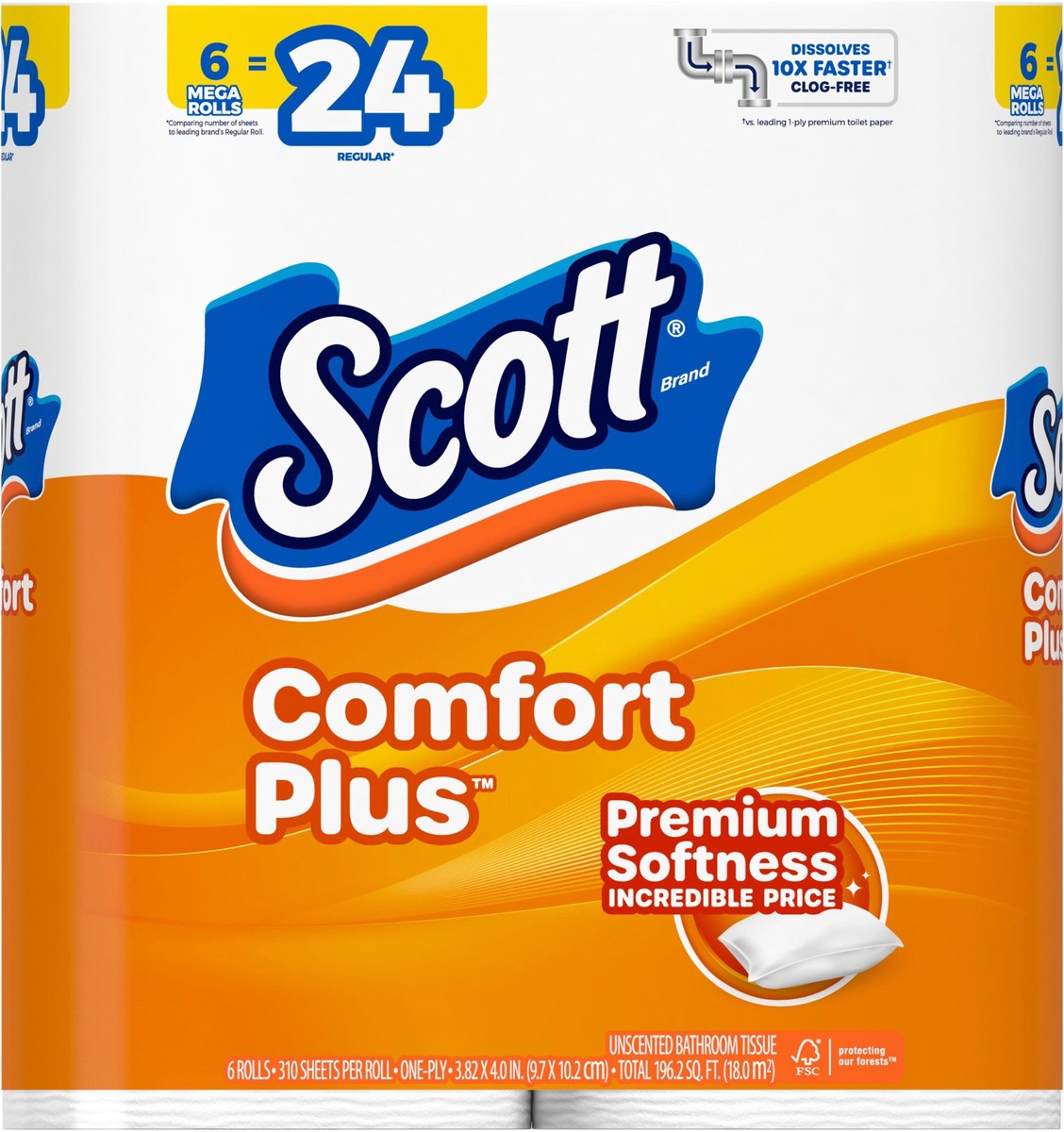slide 4 of 11, Scott ComfortPlus Toilet Paper, 6 Mega Rolls, 310 Sheets per Roll, Septic-Safe, 1-Ply Toilet Tissue, 6 ct