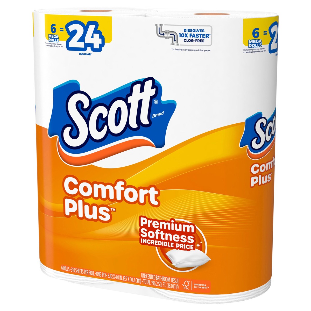 slide 6 of 11, Scott ComfortPlus Toilet Paper, 6 Mega Rolls, 310 Sheets per Roll, Septic-Safe, 1-Ply Toilet Tissue, 6 ct