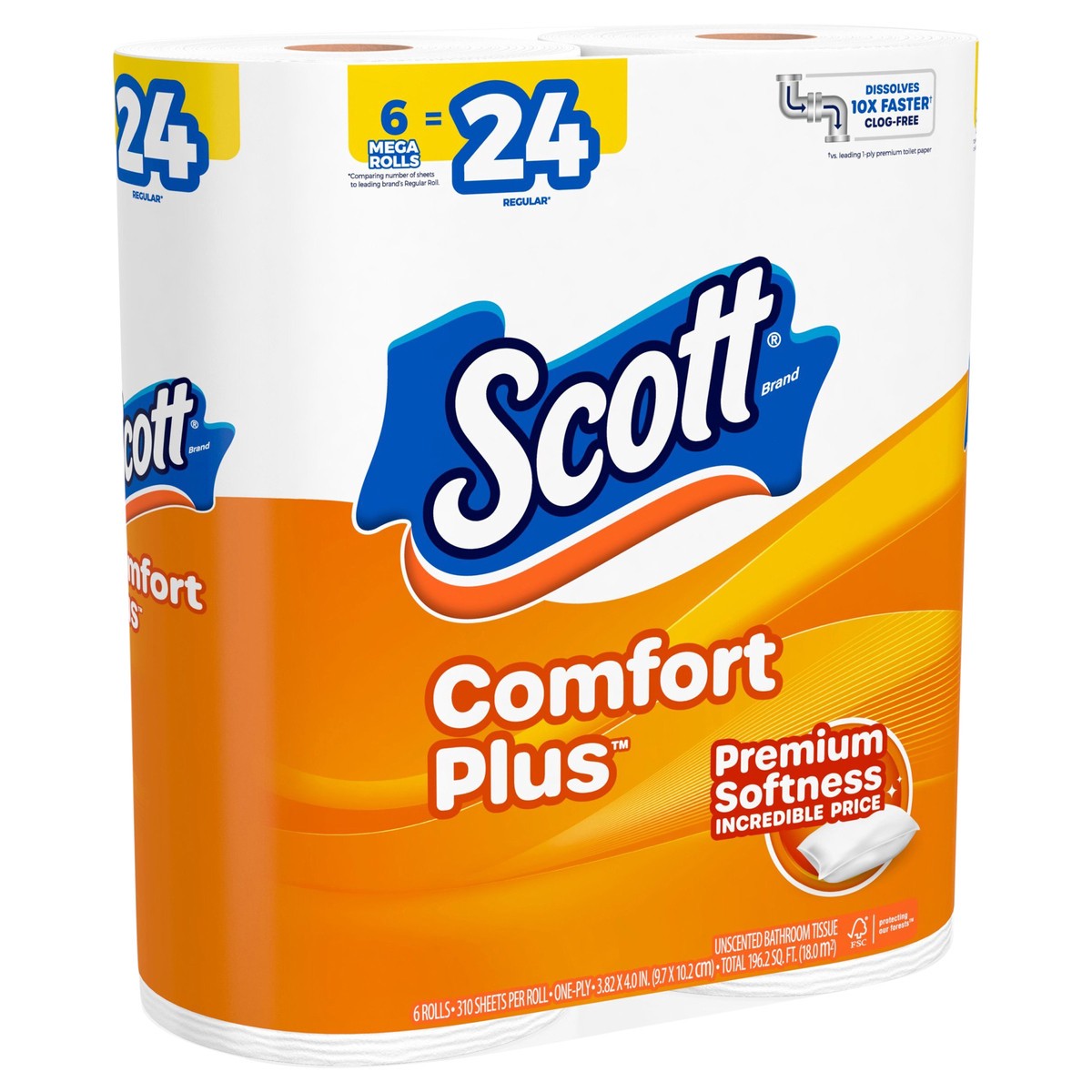 slide 3 of 11, Scott ComfortPlus Toilet Paper, 6 Mega Rolls, 310 Sheets per Roll, Septic-Safe, 1-Ply Toilet Tissue, 6 ct
