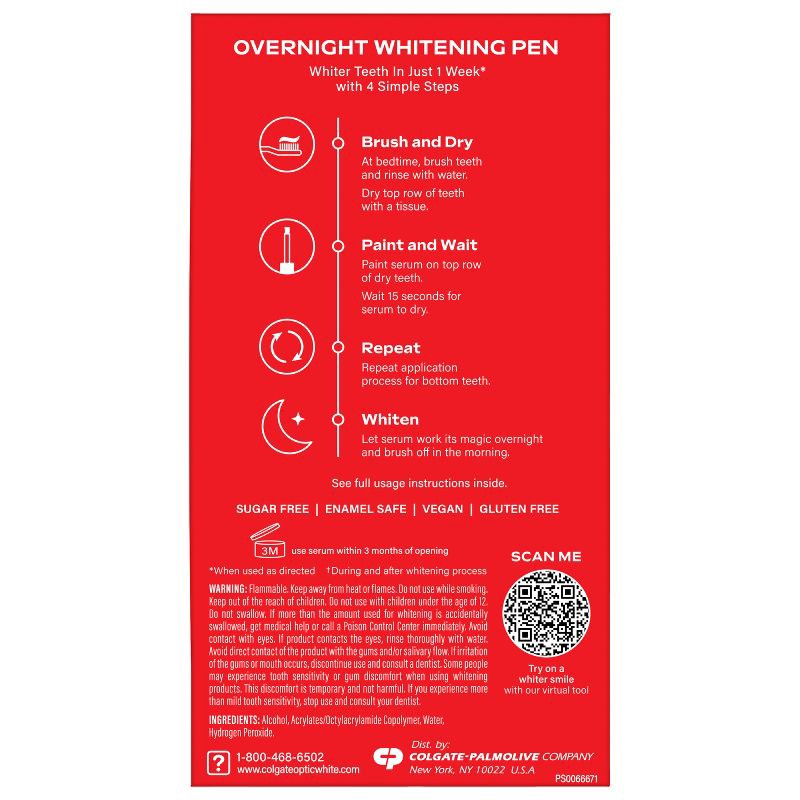 slide 9 of 11, Colgate Optic White Overnight Teeth Whitening Pen Gel - 0.08 fl oz/21 Treatments, 0.08 fl oz