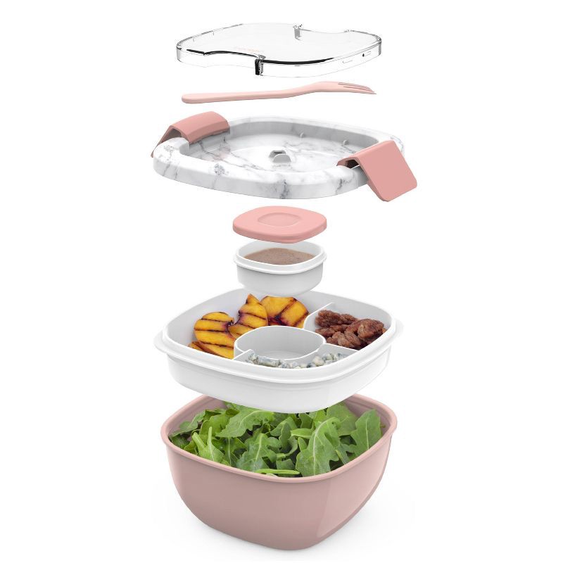 slide 5 of 7, Bentgo Salad Stackable Lunch Container with Large 54oz Bowl, 4-Compartment Tray & Built-In Fork - Blush Marble: Multiple Containers, Light Pink, 54 oz