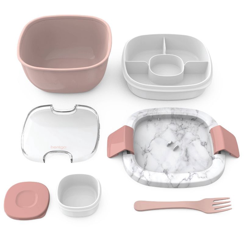slide 6 of 7, Bentgo Salad Stackable Lunch Container with Large 54oz Bowl, 4-Compartment Tray & Built-In Fork - Blush Marble: Multiple Containers, Light Pink, 54 oz
