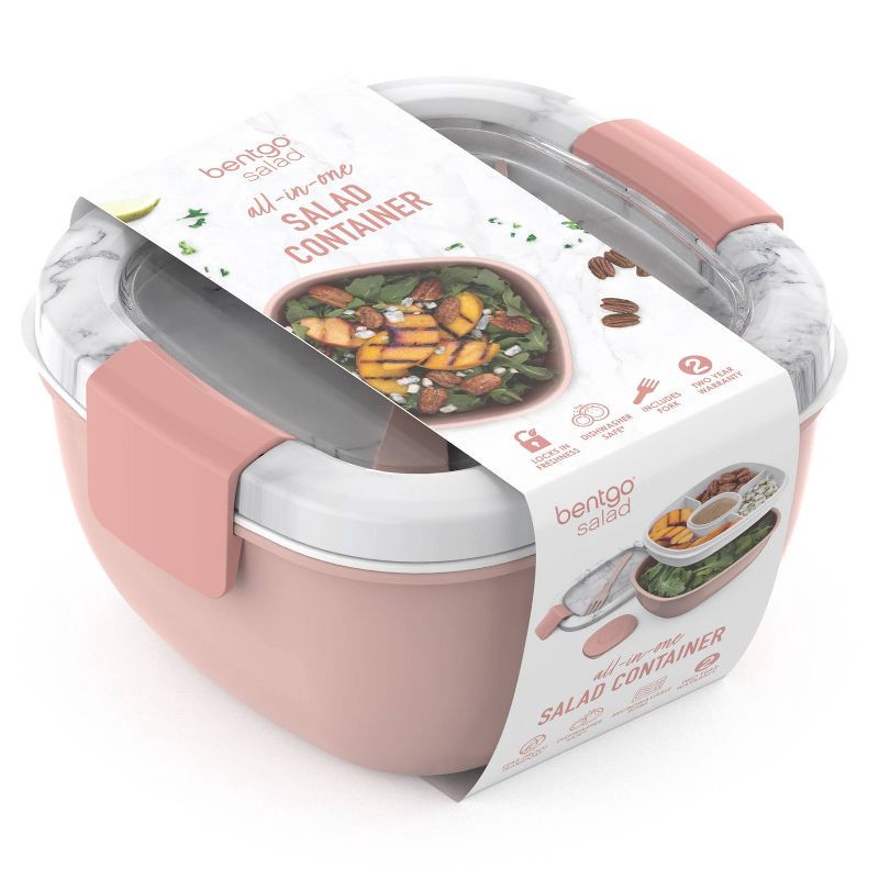 slide 7 of 7, Bentgo Salad Stackable Lunch Container with Large 54oz Bowl, 4-Compartment Tray & Built-In Fork - Blush Marble: Multiple Containers, Light Pink, 54 oz