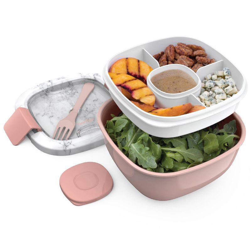 slide 1 of 7, Bentgo Salad Stackable Lunch Container with Large 54oz Bowl, 4-Compartment Tray & Built-In Fork - Blush Marble: Multiple Containers, Light Pink, 54 oz