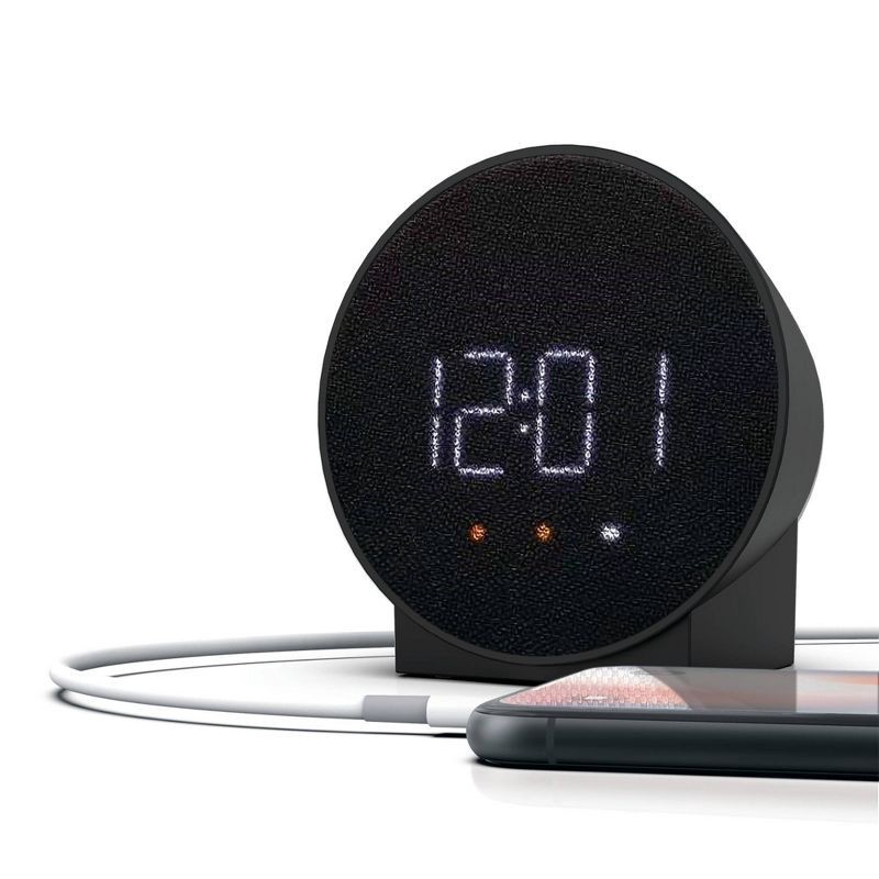 slide 3 of 3, Small Round Alarm Table Clock Black - Capello: Modern Digital Nightstand Clock with Phone Charging, Snooze & Brightness Settings, 1 ct