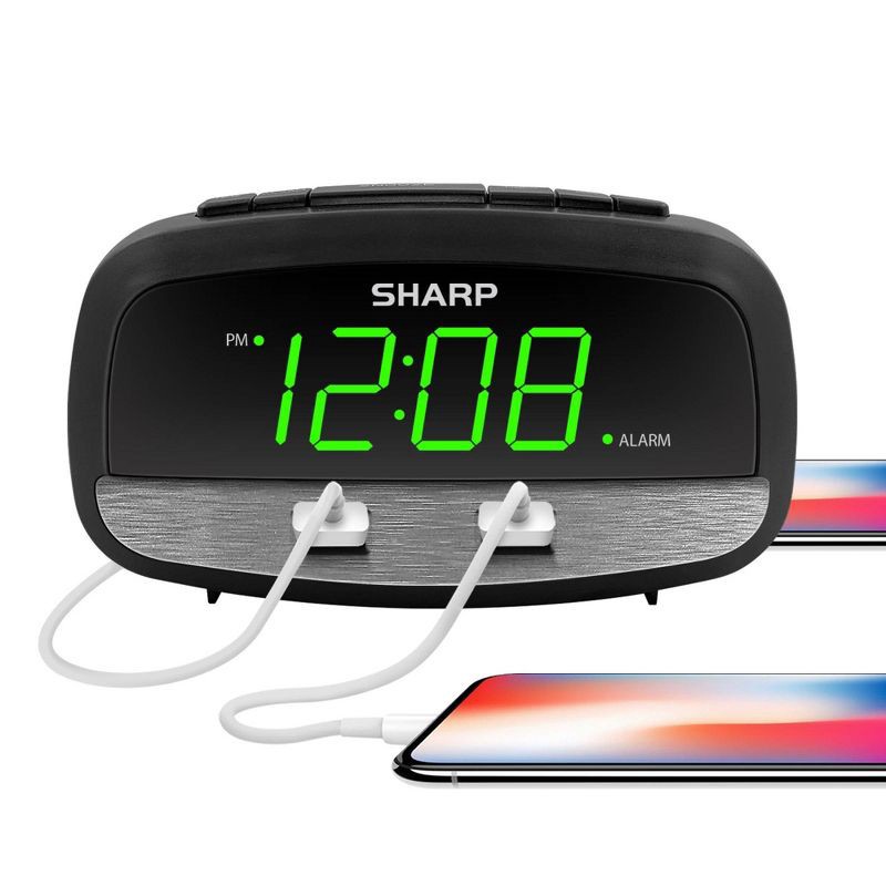slide 2 of 4, 2/2 Amp USB Charge LED Alarm Clock Black - Sharp: Modern Bedroom Clock with Loud Alarm & Digital Display, 1 ct