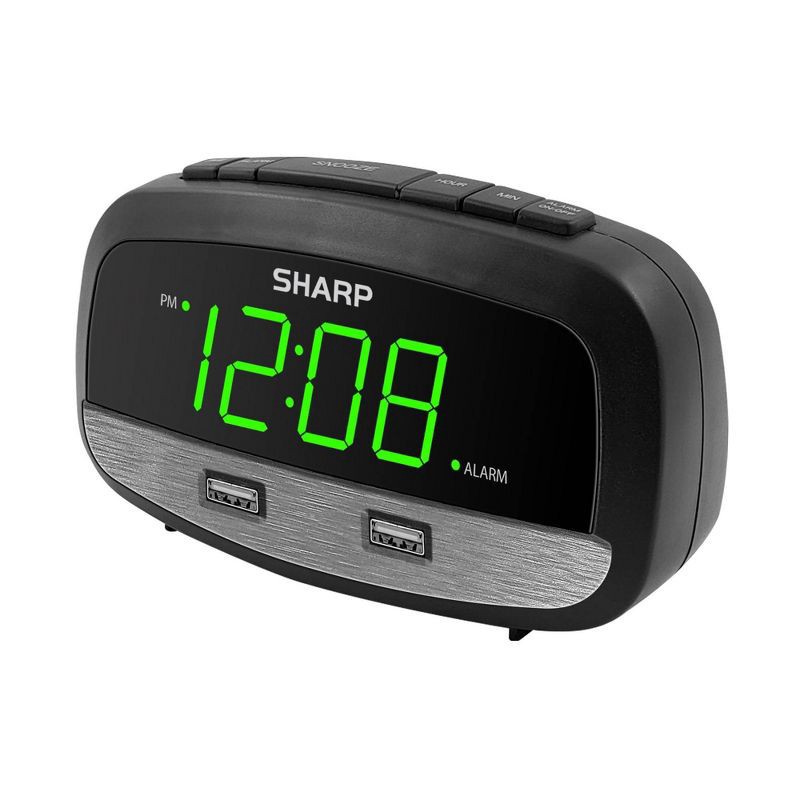slide 3 of 4, 2/2 Amp USB Charge LED Alarm Clock Black - Sharp: Modern Bedroom Clock with Loud Alarm & Digital Display, 1 ct