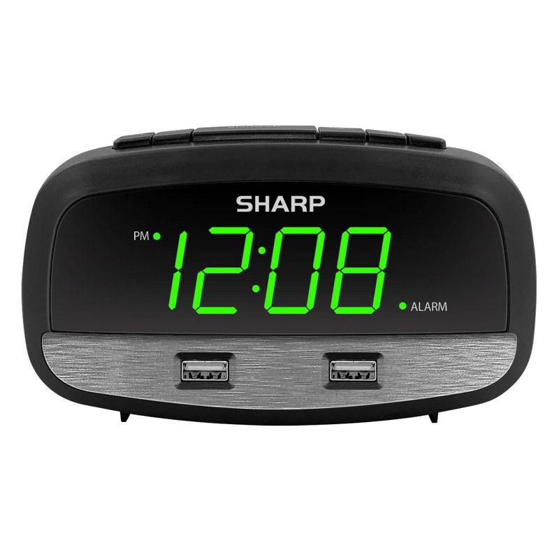 slide 1 of 4, 2/2 Amp USB Charge LED Alarm Clock Black - Sharp, 1 ct