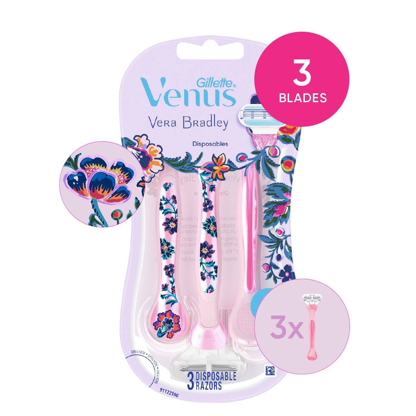 slide 1 of 5, Vera Bradley + Venus Floral Pink Women's Disposable Razors, 3 ct