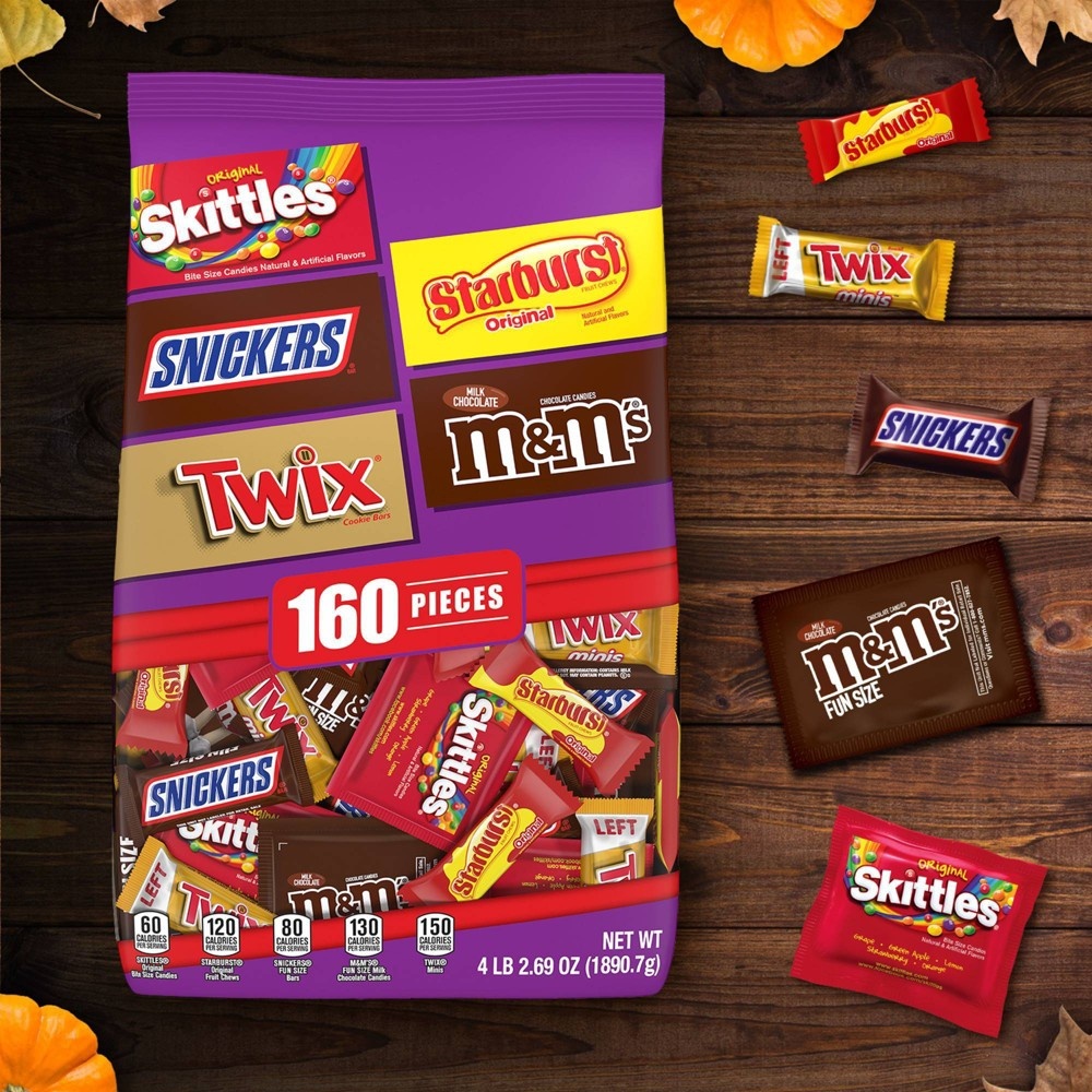 slide 2 of 8, Mars Skittles, Starburst, Snickers, Twix, M&Ms Halloween Candy Variety Pack Fun Size - 67.09oz/160ct, 67.09 oz, 160 ct