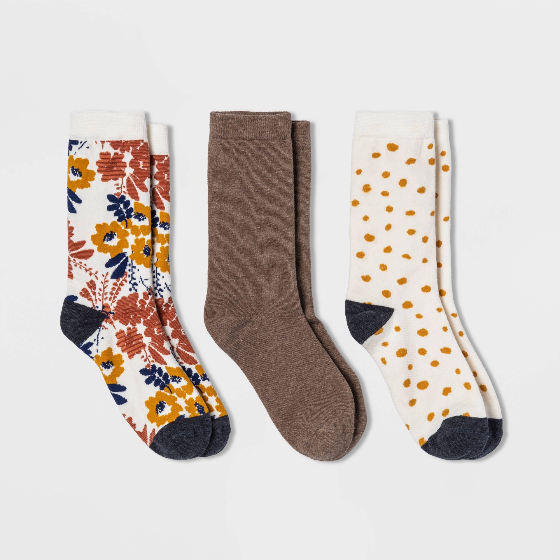 slide 1 of 2, Women's Floral 3pk Crew Socks - A New Day Ivory/Heather Brown 4-10, 3 ct