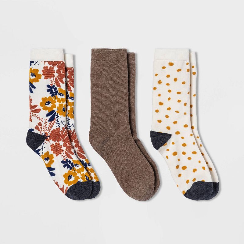 slide 1 of 2, Women's Floral Print 3pk Crew Socks - A New Day™ Ivory/Heather Brown 4-10, 3 ct