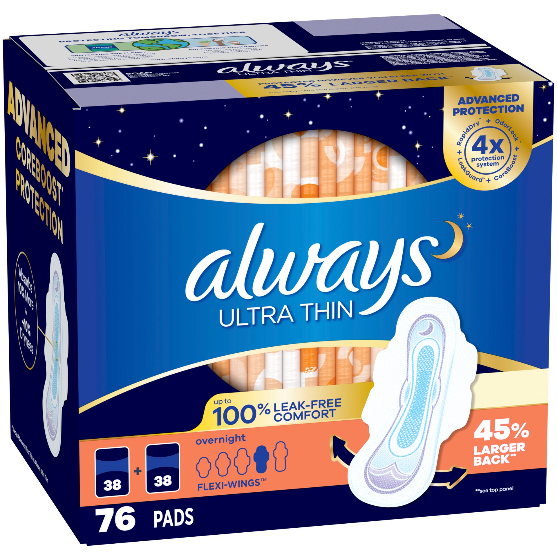 slide 1 of 1, Always Ultra Thin Advanced Overnight Pads, 76 ct