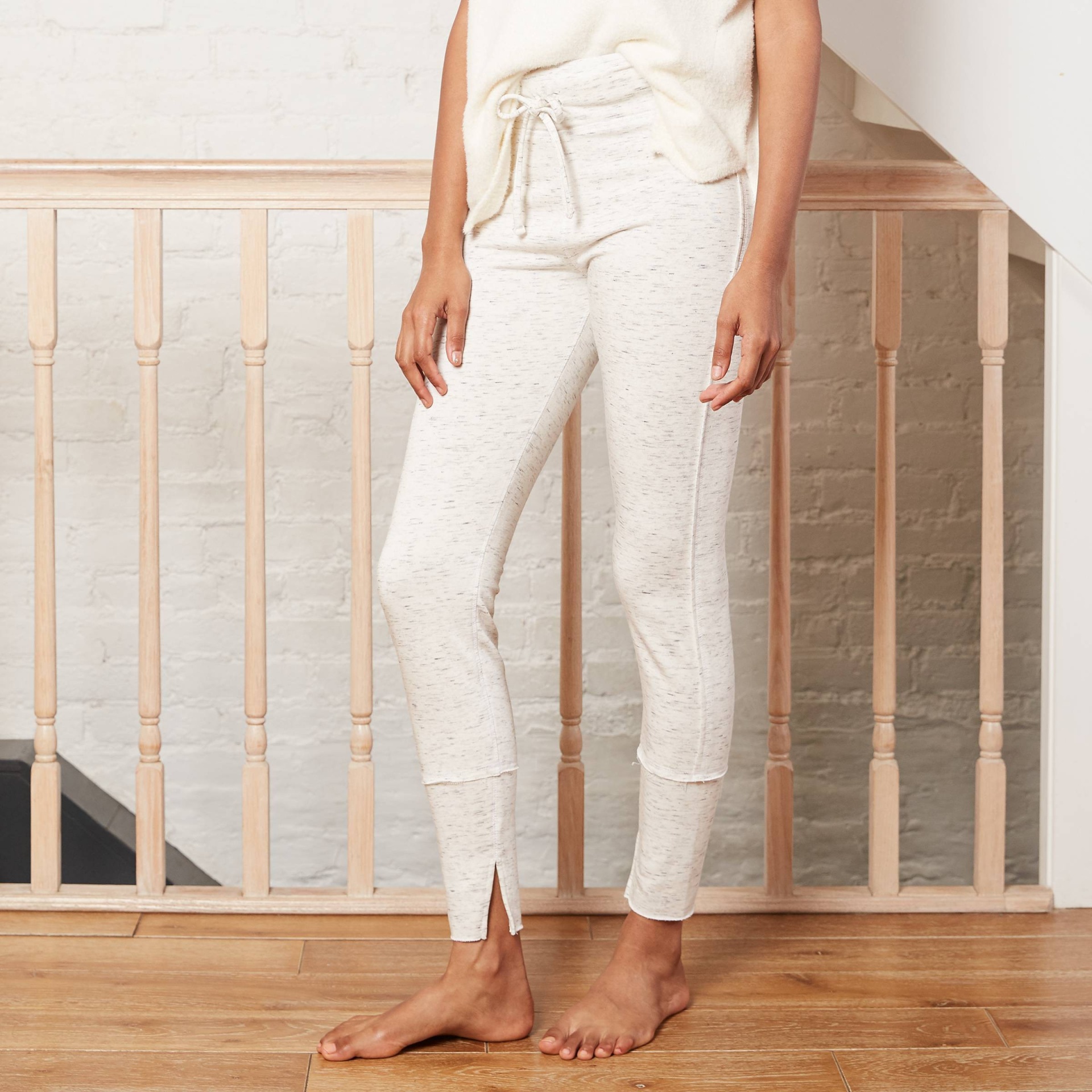 slide 1 of 2, Women's Drawstring High-Waist Lounge Leggings - A New Day Heather Cream S, 1 ct