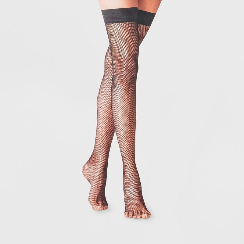 slide 1 of 2, Women's Fishnet Thigh Highs - A New Day™ Black L/XL, 1 ct