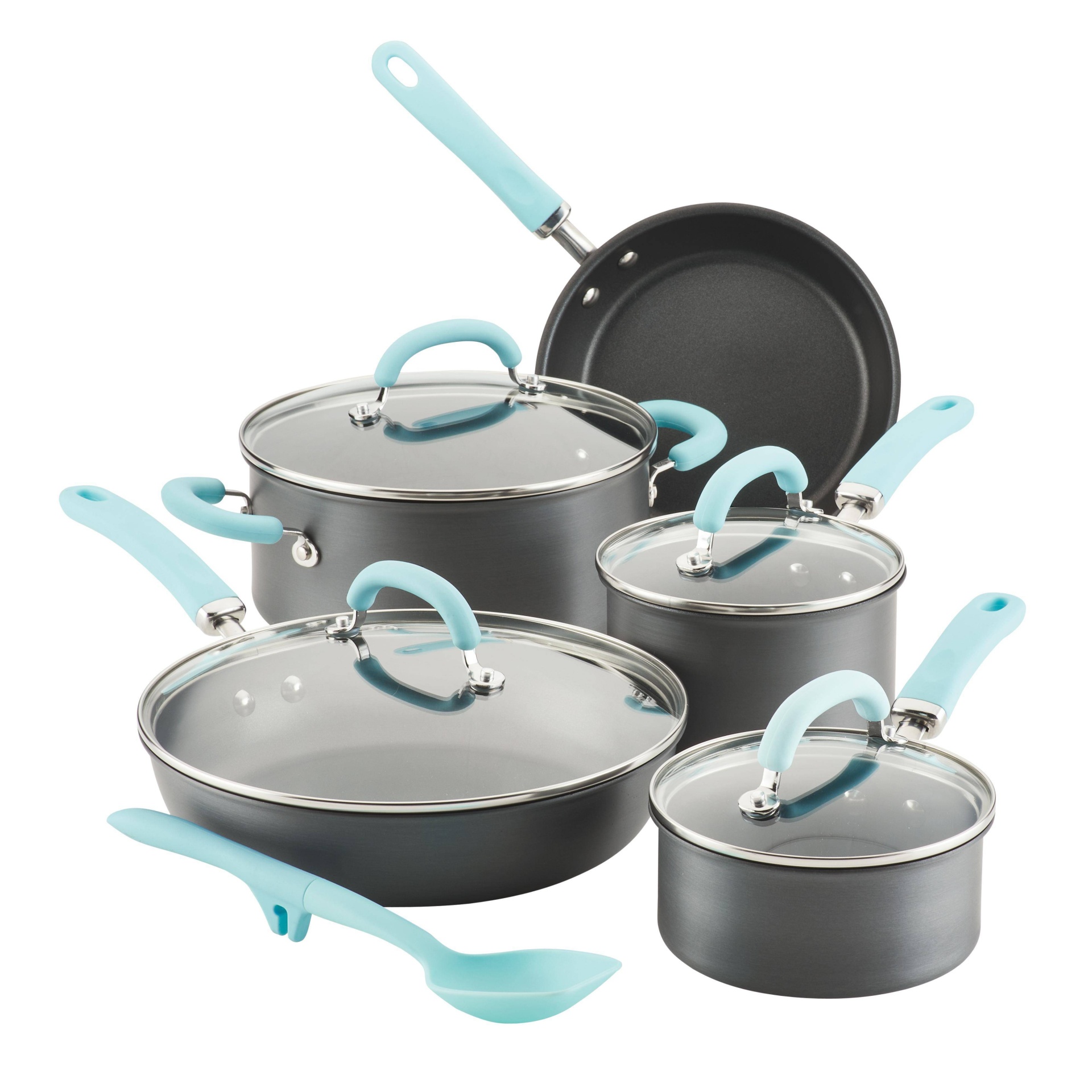slide 1 of 7, Rachael Ray Create Delicious 10pc Hard Anodized Cookware Set with Light Blue Handles, 10 ct