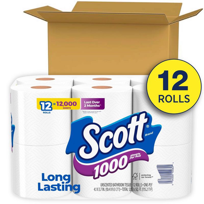 slide 2 of 9, Scott 1000 Septic-Safe 1-Ply Toilet Paper - 12 Rolls, 12 ct