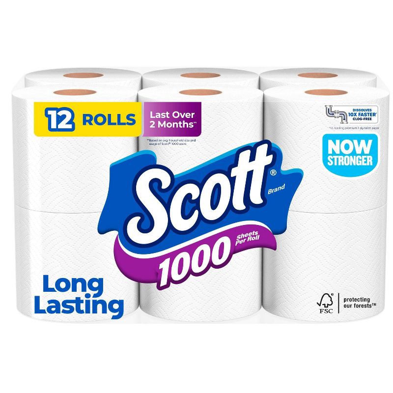 slide 1 of 10, Scott 1000 Septic-Safe 1-Ply Toilet Paper - 12 Rolls, 12 ct