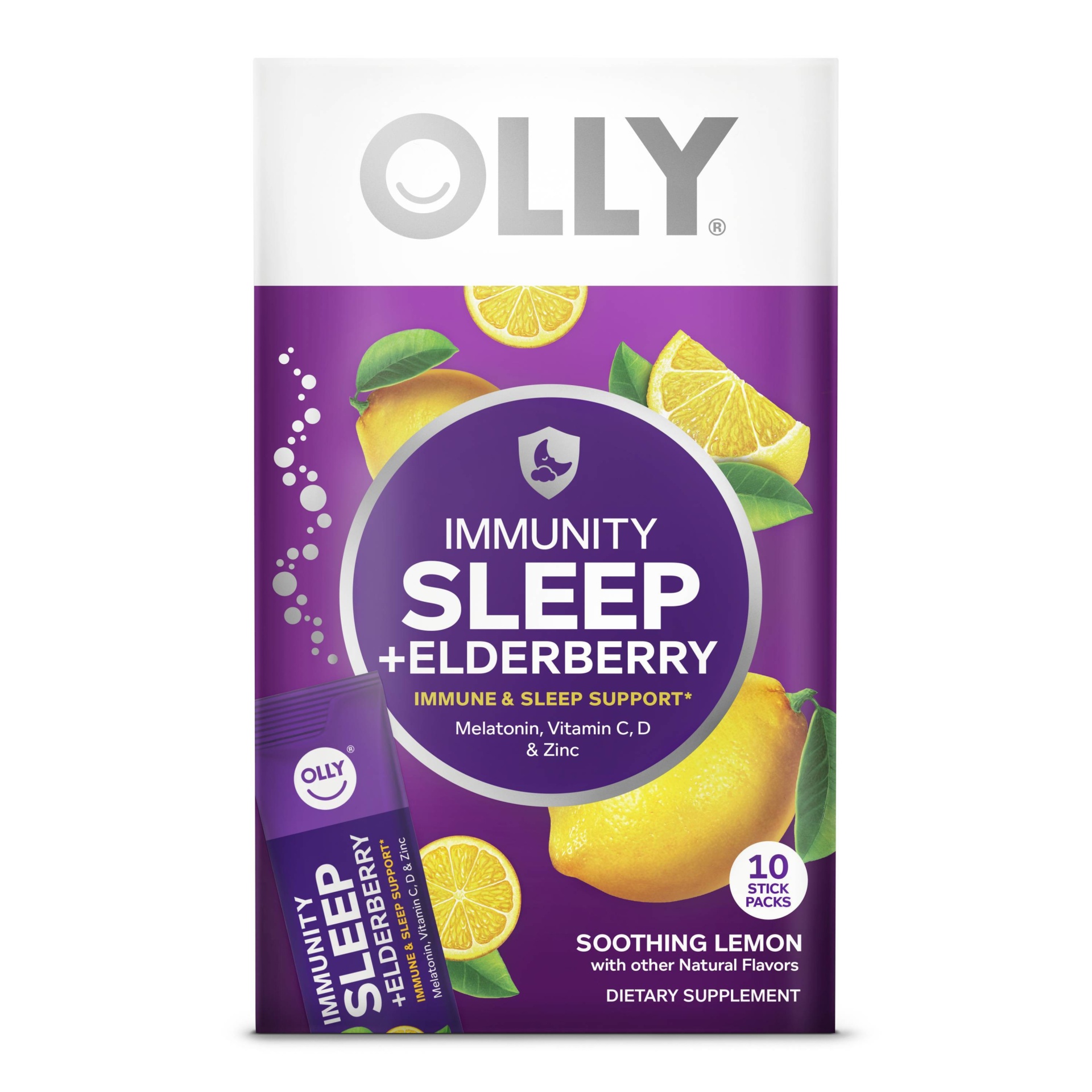 slide 1 of 6, OLLY Immunity Sleep + Elderberry Dietary Supplement - Soothing Lemon - 10ct, 10 ct